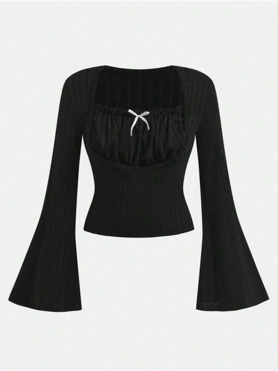 SHEIN Tops - SHEIN Black Ribbed Sweetheart Bell-Sleeve Top with Bow Y2K